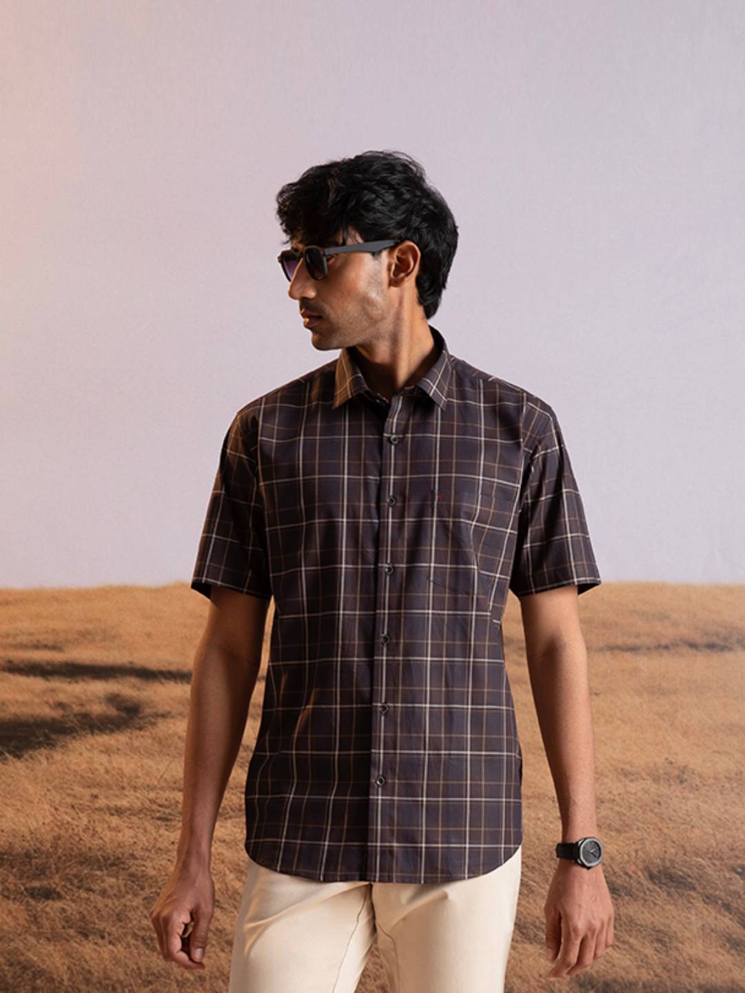 Brown Checkered Short Sleeve Shirt