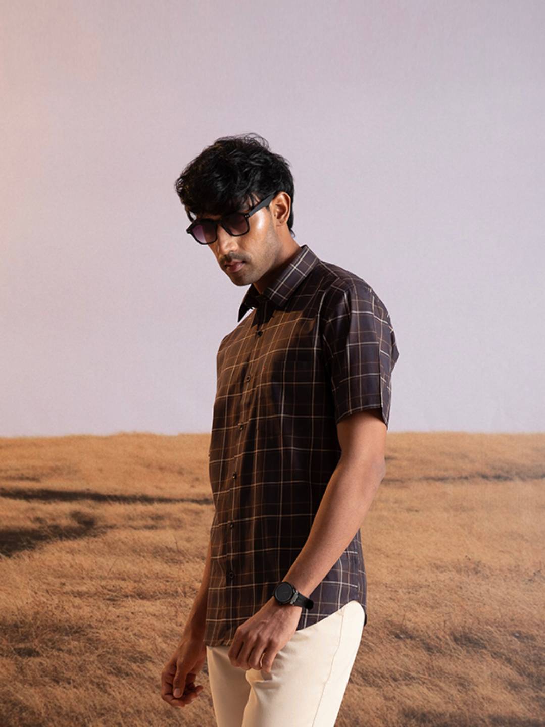 Brown Checkered Short Sleeve Shirt