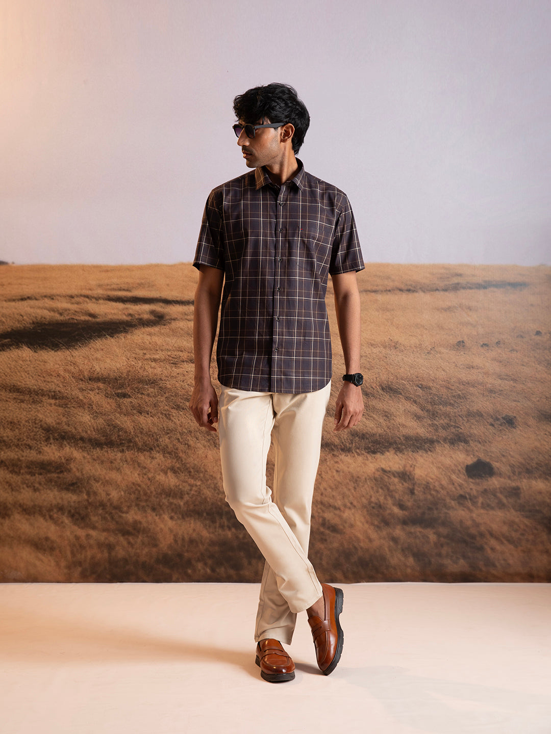 Brown Checkered Short Sleeve Shirt