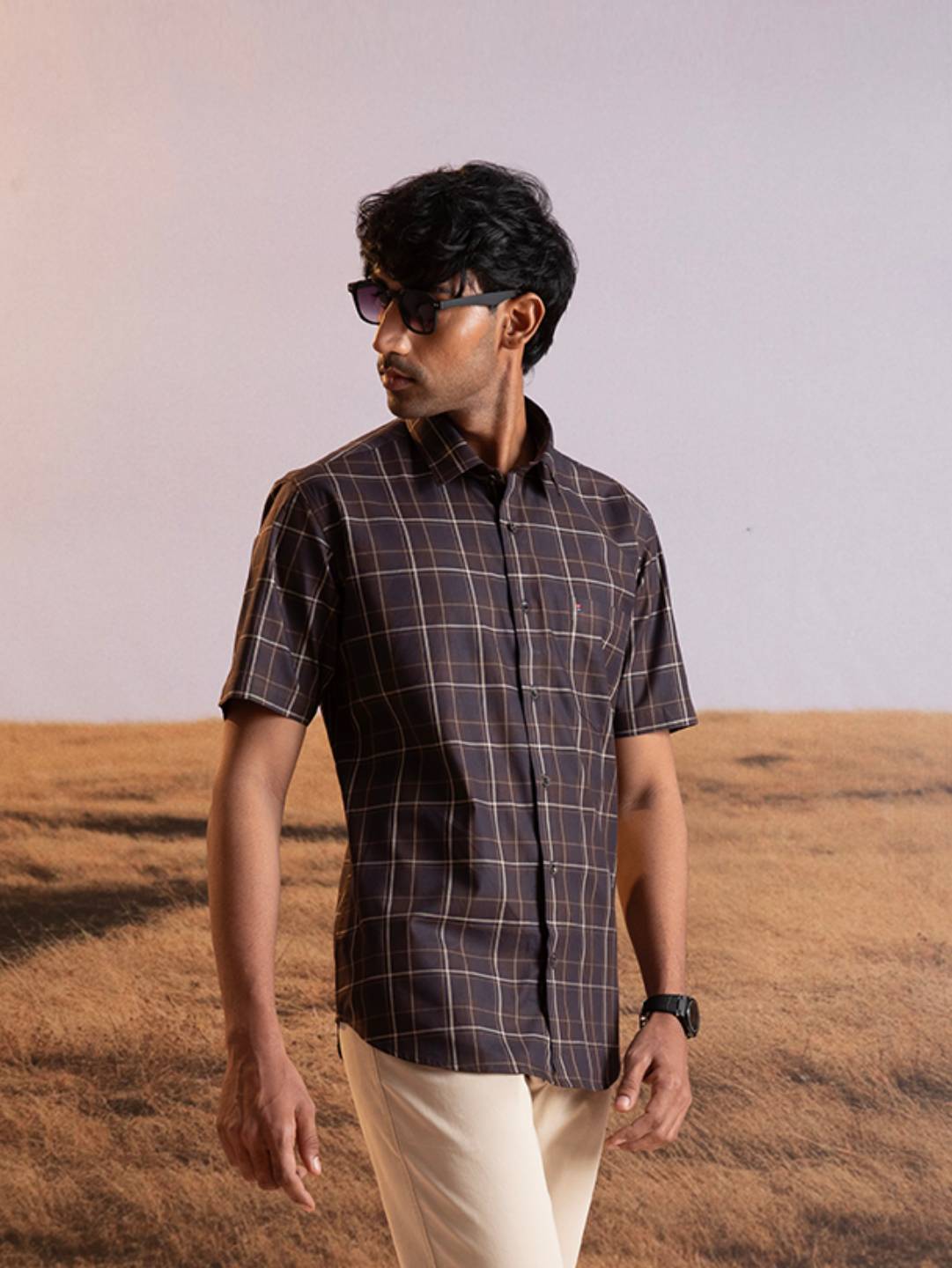 Brown Checkered Short Sleeve Shirt