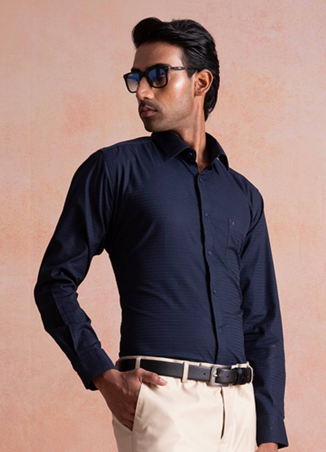 Elegant Navy Blue Dobby Shirt